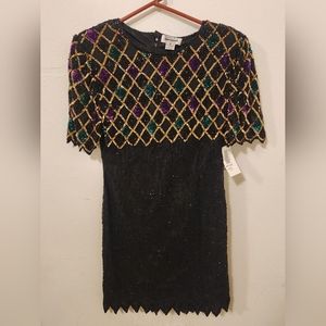 90s Vintage Sears Beaded Black Purple Green Gold Dress - Mardi Gras